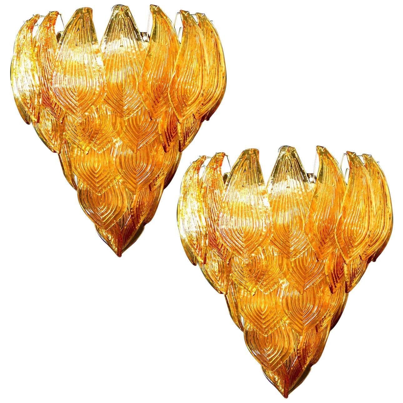Pair Of Italian Amber Petals Chandeliers, Murano