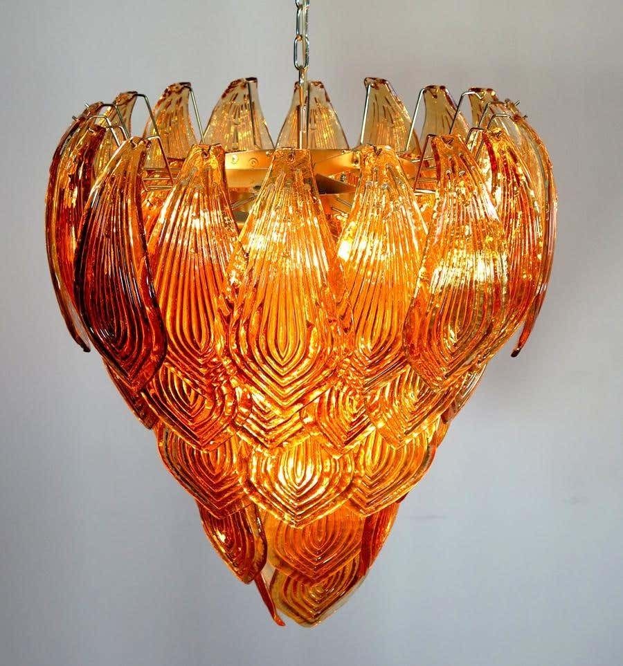 Pair Of Italian Amber Petals Chandeliers, Murano photo for sale