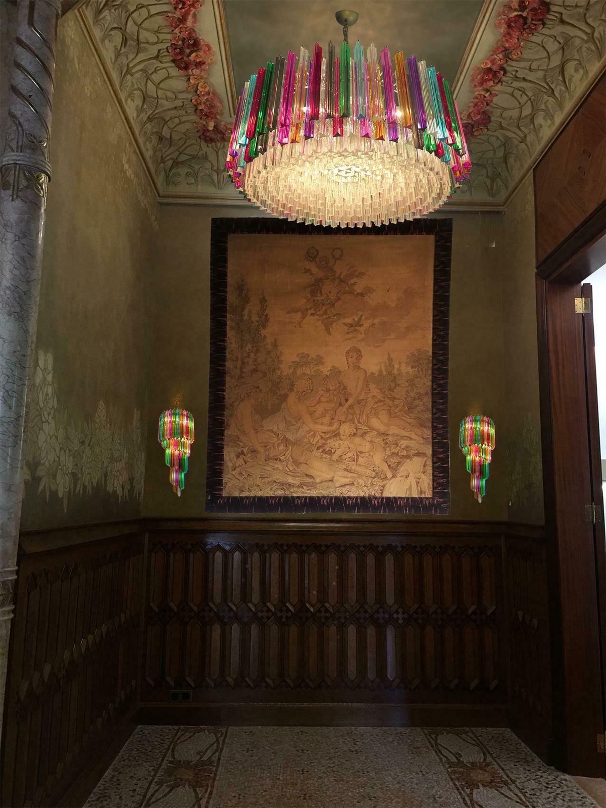 Pair Of Triedri Italian Glass Multicolour Chandeliers, Venini Style, Murano, 1995 photo buy