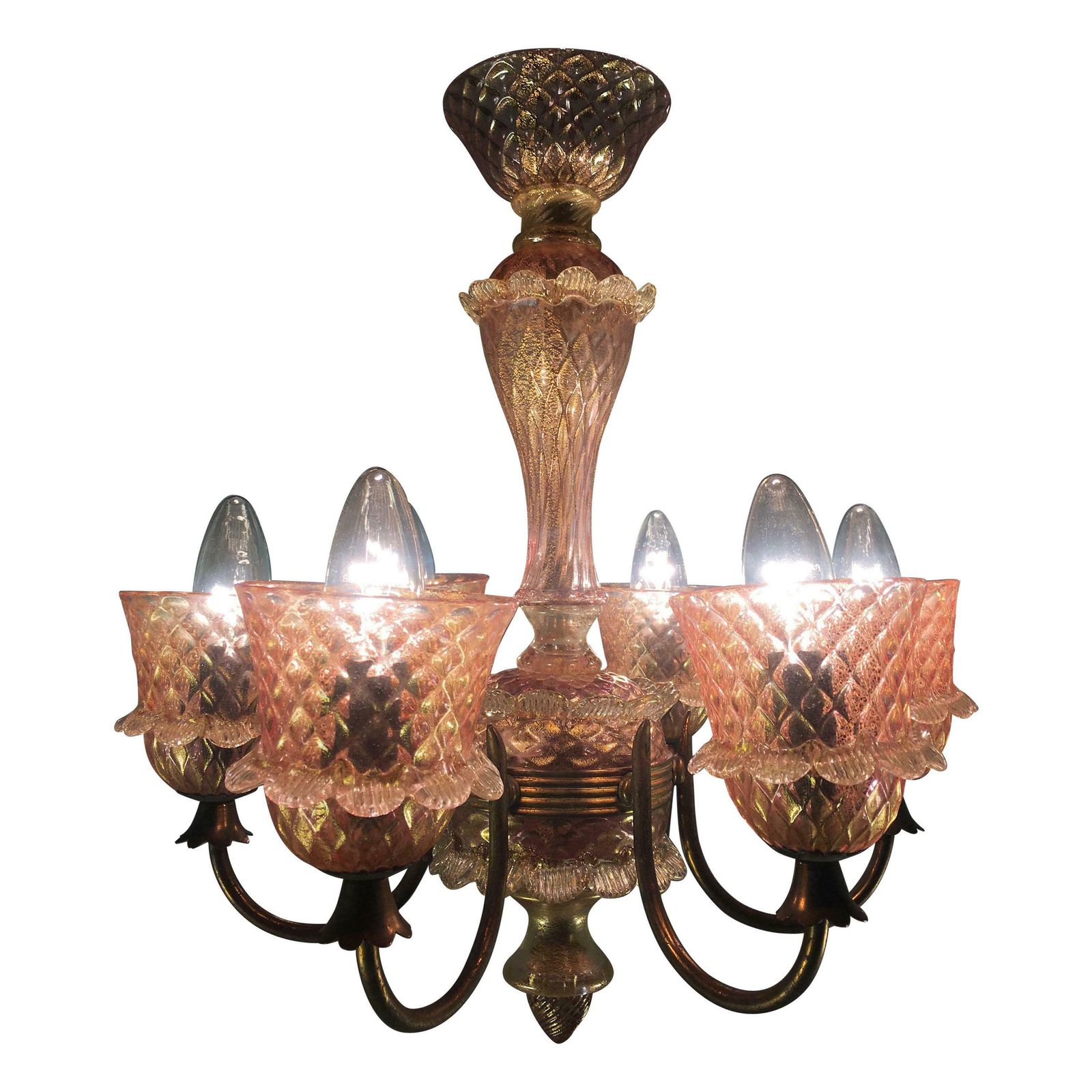 Pink And Gold Chandelier By Barovier & Toso, Murano, 1950