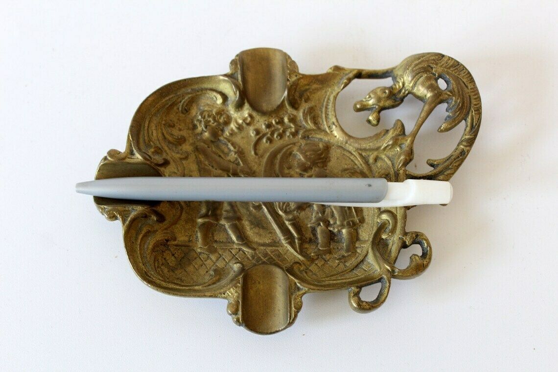 Antique Bronze Ashtray, Trinket Dish, Embossed Dragon, Gryphon Griffin Griffon, Pin Dish, Trinket Dish Vide Poche Coin Dish, Signed photo Home Decor