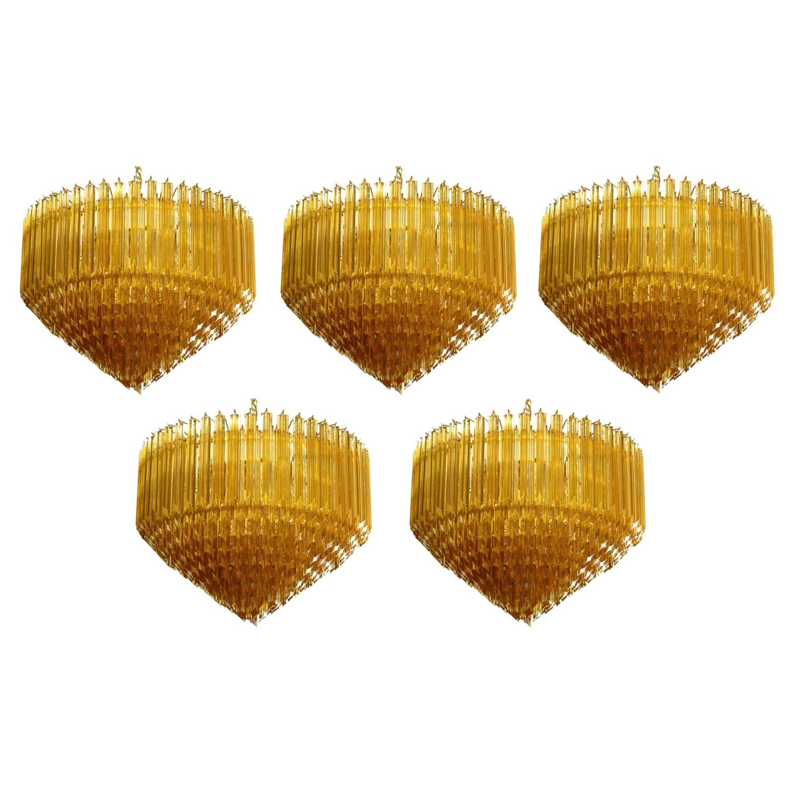 Set Five Quadriedri Murano Glass Chandelier, 265 Amber Prism, Gold Frame