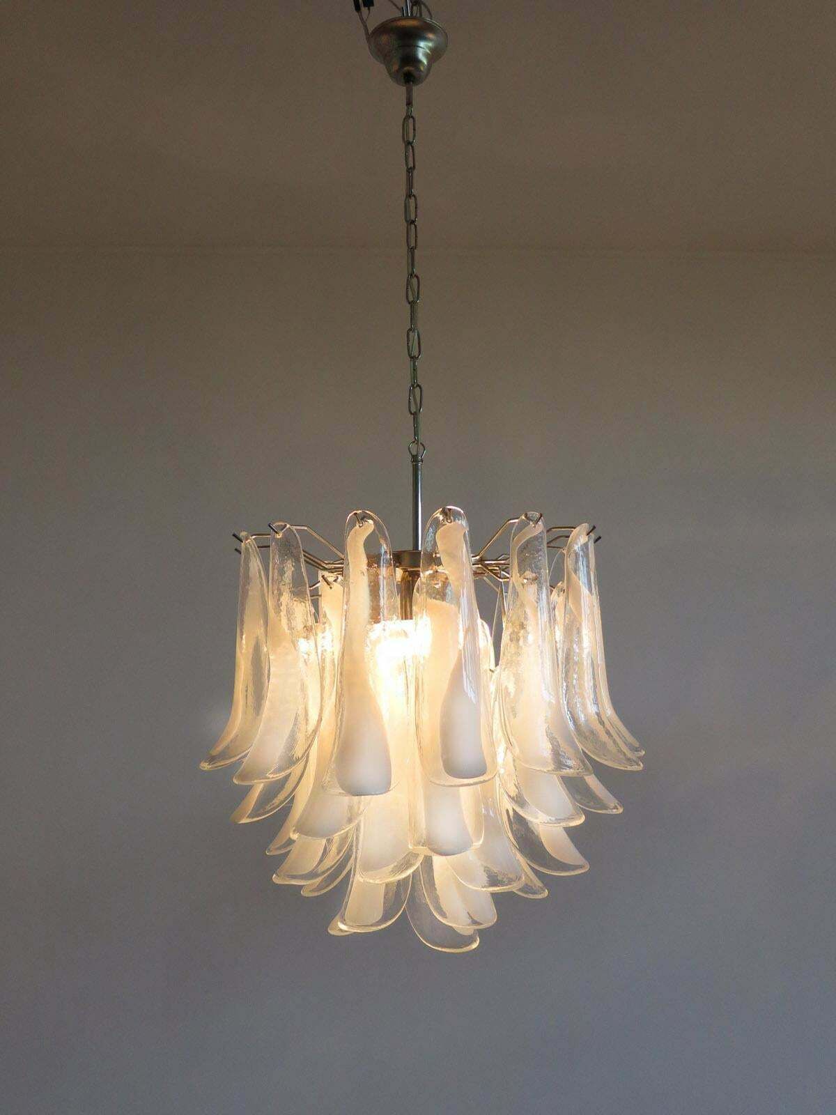 photo buy Set Of Four Italian 41 White Petal Murano Chandeliers, Mazzega Style