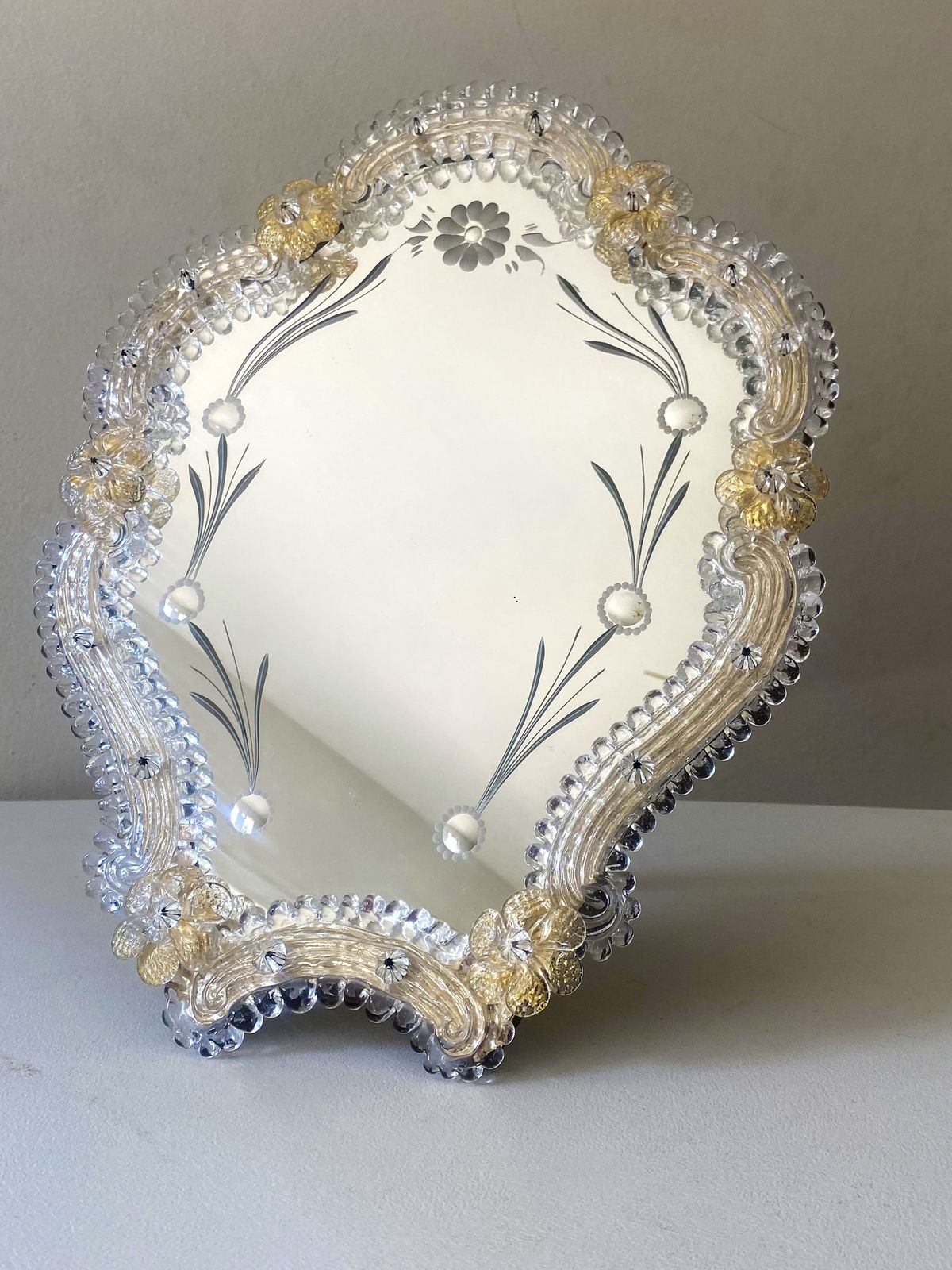 1550.0 Transparent And Gold Murano Glass Photo Frame With Flowers And Hand Engraved.....Rare Artigian Italian Handmade photo