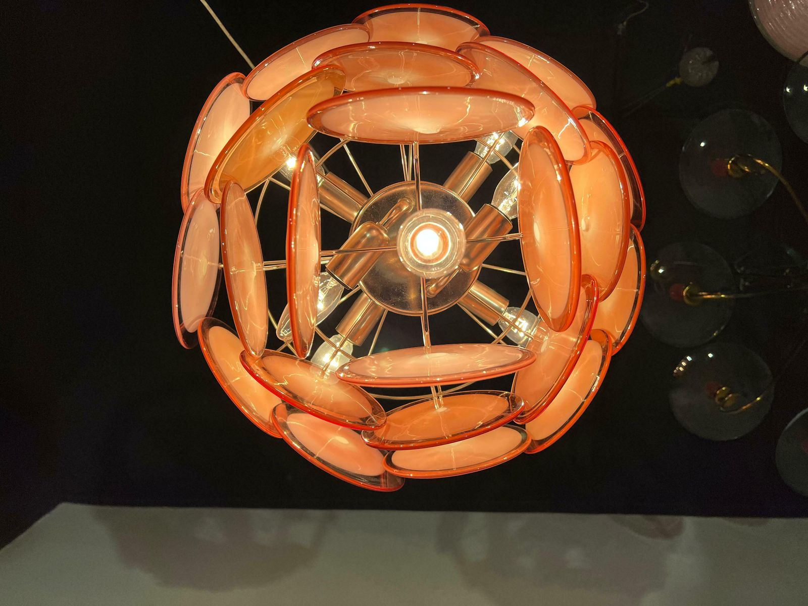photo for sale Pair Of Disc Murano Glass Chandeliers By Vistosi