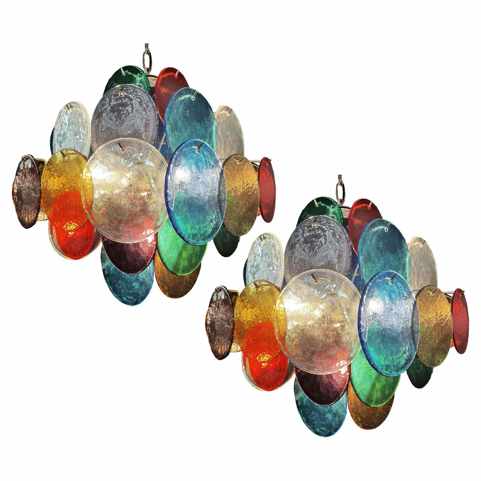 Pair Charming Mid Century Arlecchino Italian Disc Chandeliers, Murano, 1990s