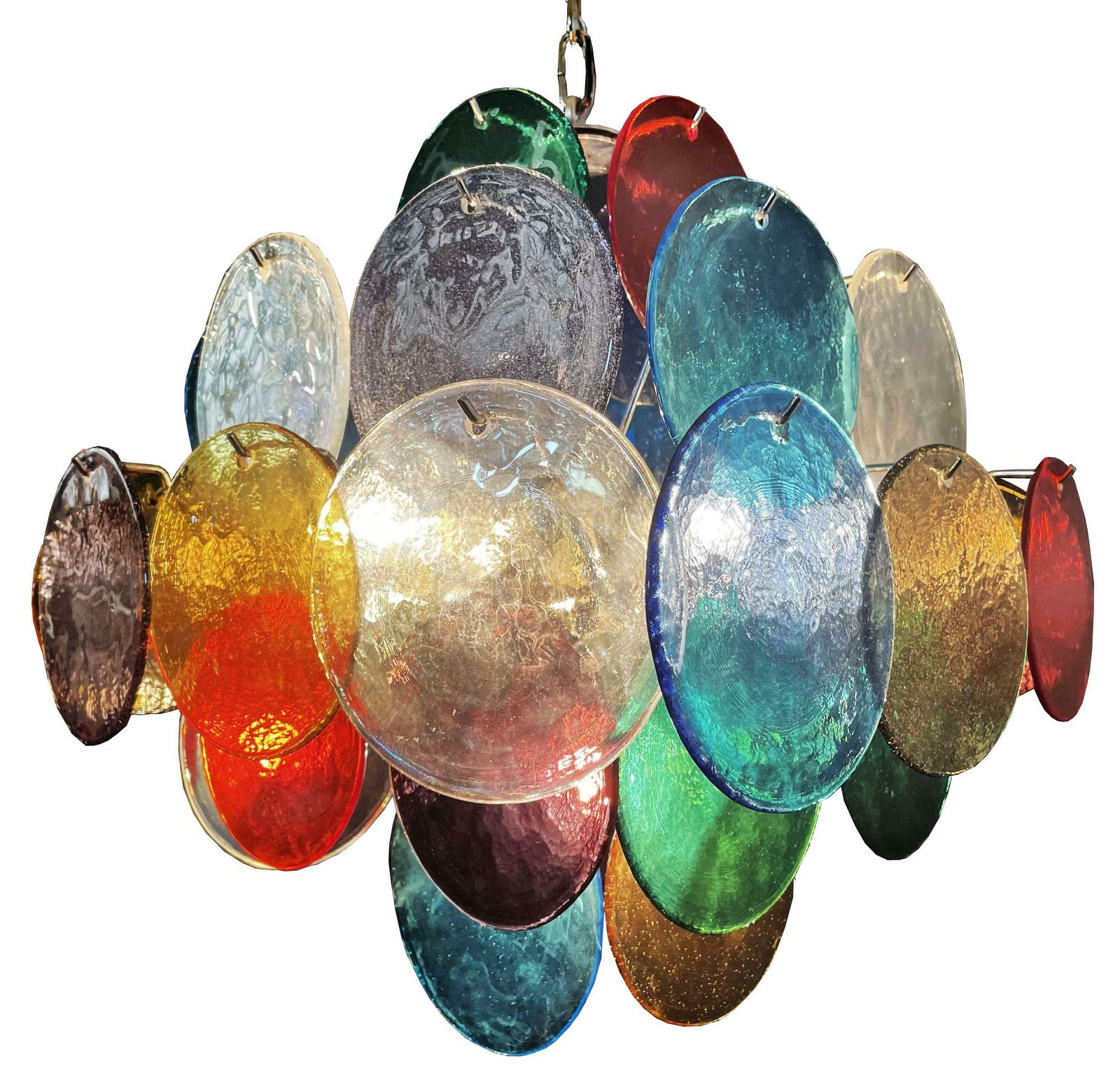 Pair Charming Mid Century Arlecchino Italian Disc Chandeliers, Murano, 1990s photo for sale