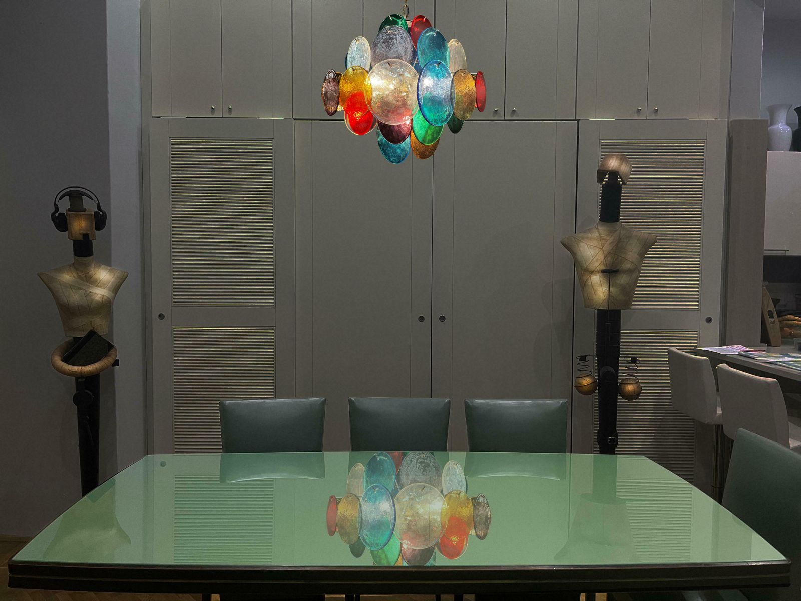 Pair Charming Mid Century Arlecchino Italian Disc Chandeliers, Murano, 1990s photo vinterior