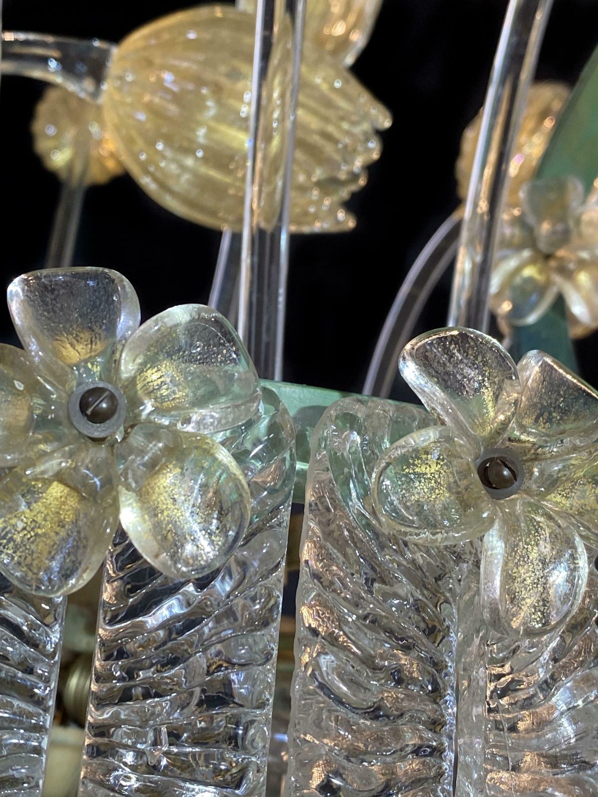 Amazing Glass Flower Chandelier With Gold Inclusions Murano 1950s photo vinterior