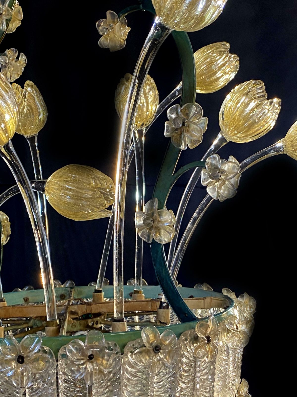 photo furniture Amazing Glass Flower Chandelier With Gold Inclusions Murano 1950s