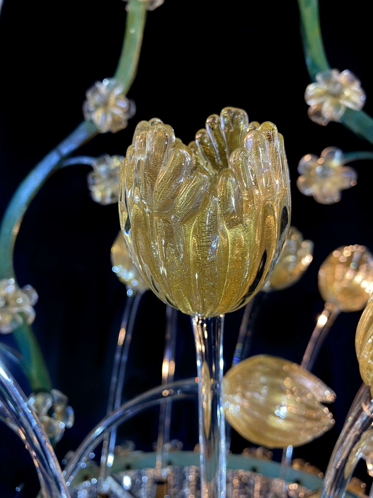 photo vinterior Amazing Glass Flower Chandelier With Gold Inclusions Murano 1950s