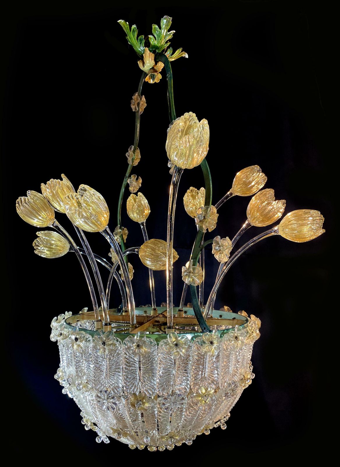 photo buy Amazing Glass Flower Chandelier With Gold Inclusions Murano 1950s