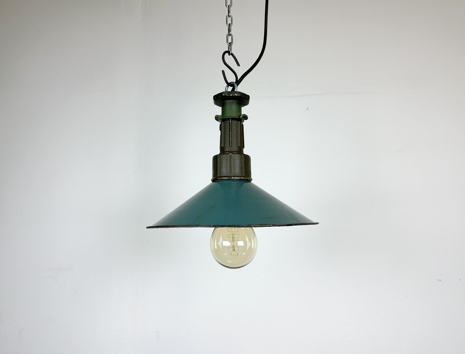 Industrial Green Enamel Factory Pendant Lamp With Cast Aluminium Top, 1960s photo furniture