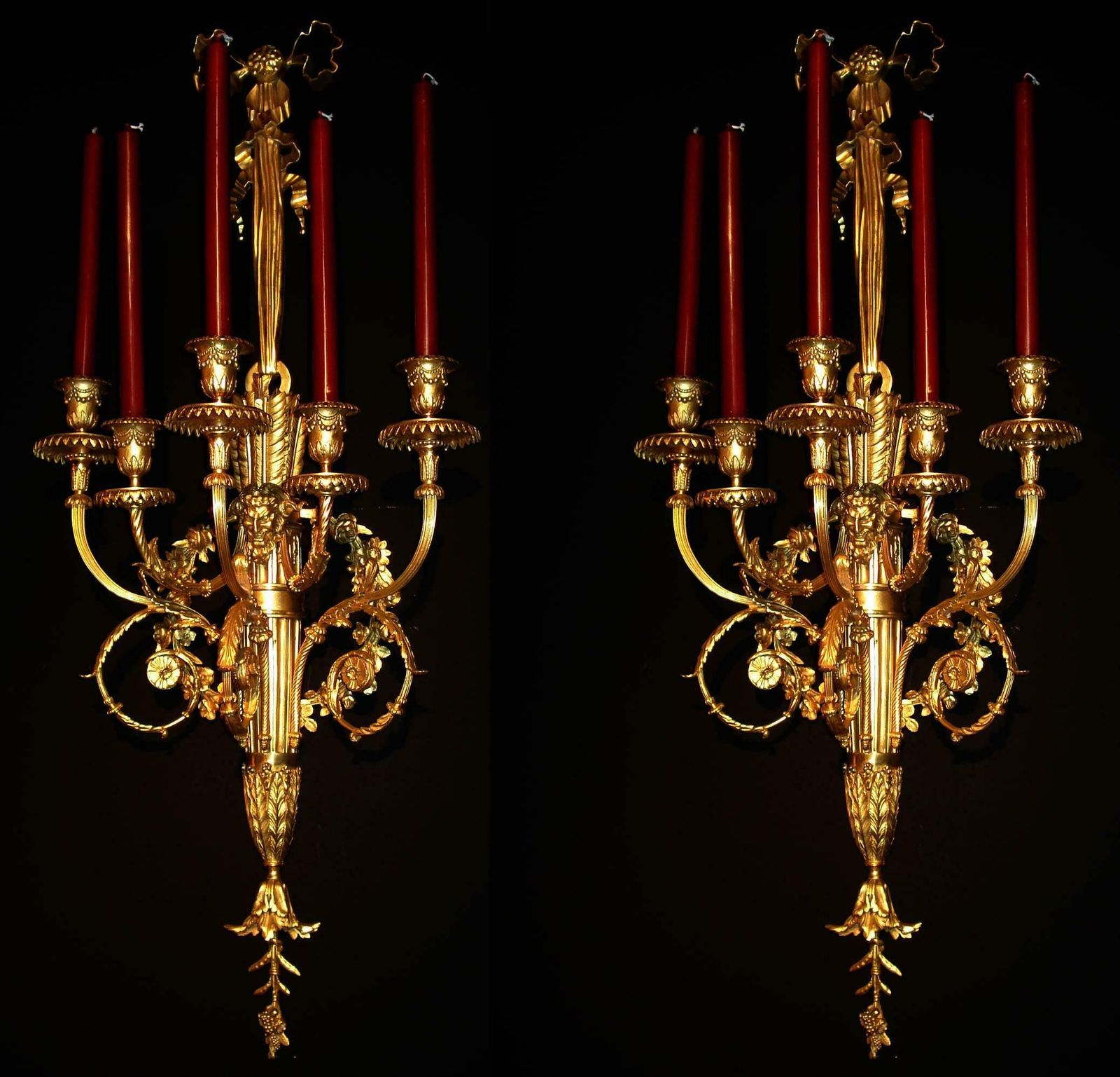 Pair Of Louis XVI Gilded Golden Gilded Bronze Sconces With Five Lights photo for sale
