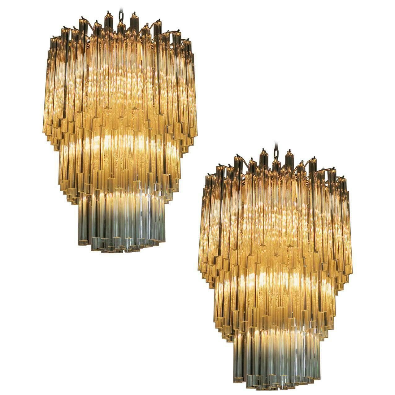 Majestic Italian Pair Of Triedri Chandeliers 184 Prism Murano