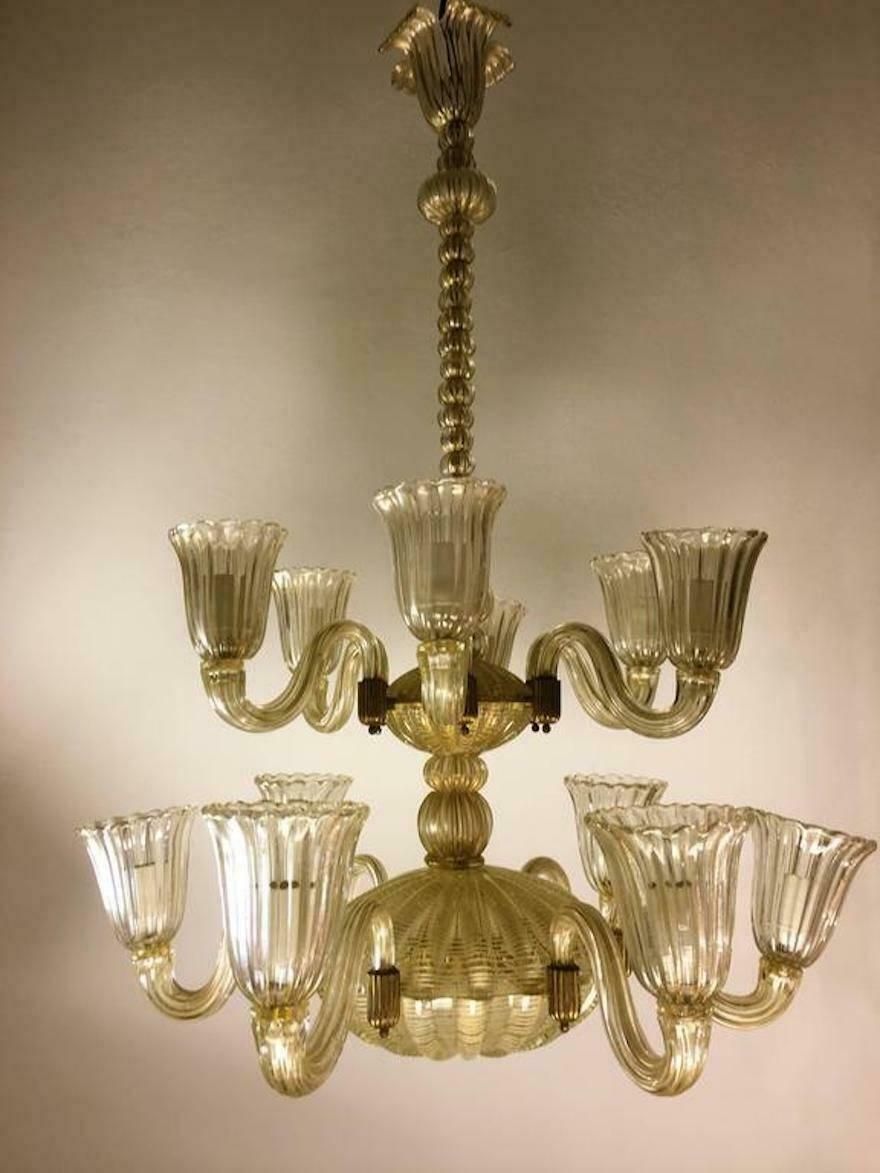 Italian Chandelier Gold Inclusion By Barovier And Toso Murano 1940s photo for sale