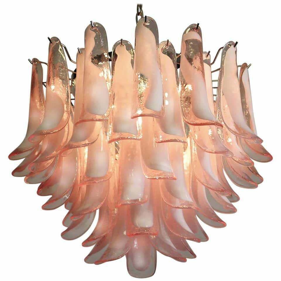 Trio Of Flaming Italian 53 Pink Petal Chandeliers Murano photo vintage