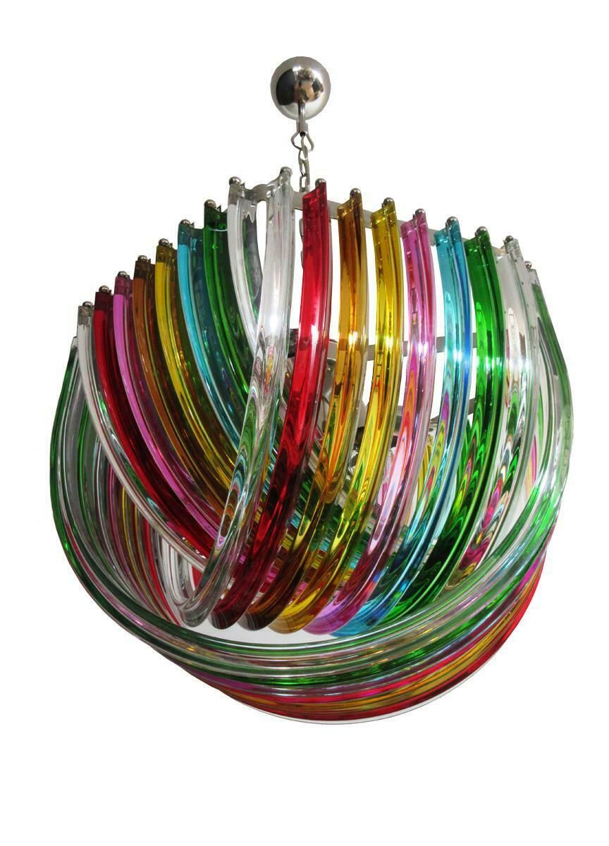 Lighting Pair Of Curvati Rainbow Ceiling Lights, Multicoloured Triedri, 24 Murano Glasses photo