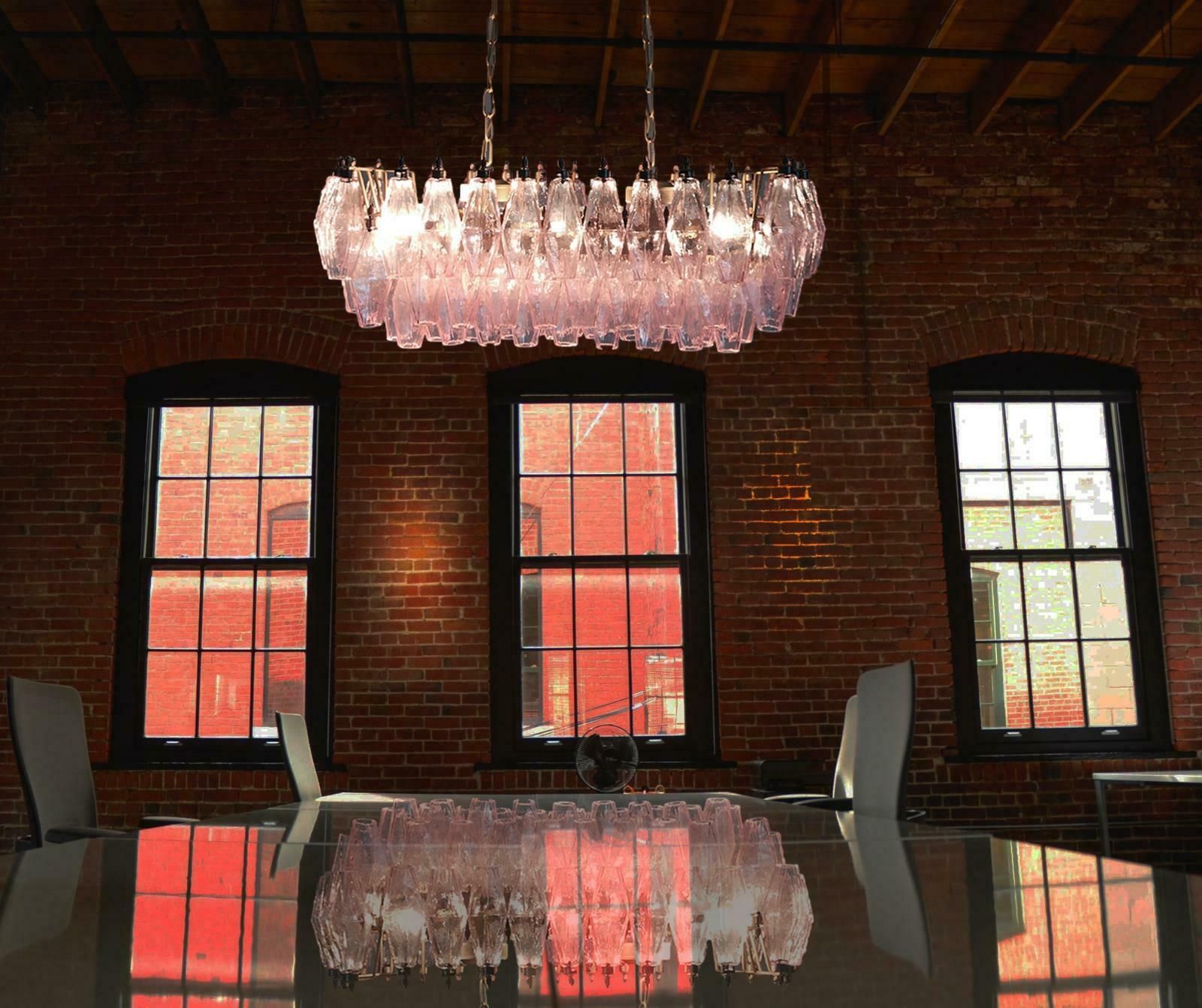 Amazing Pair Of Italian Pink Poliedri Chandeliers, Murano