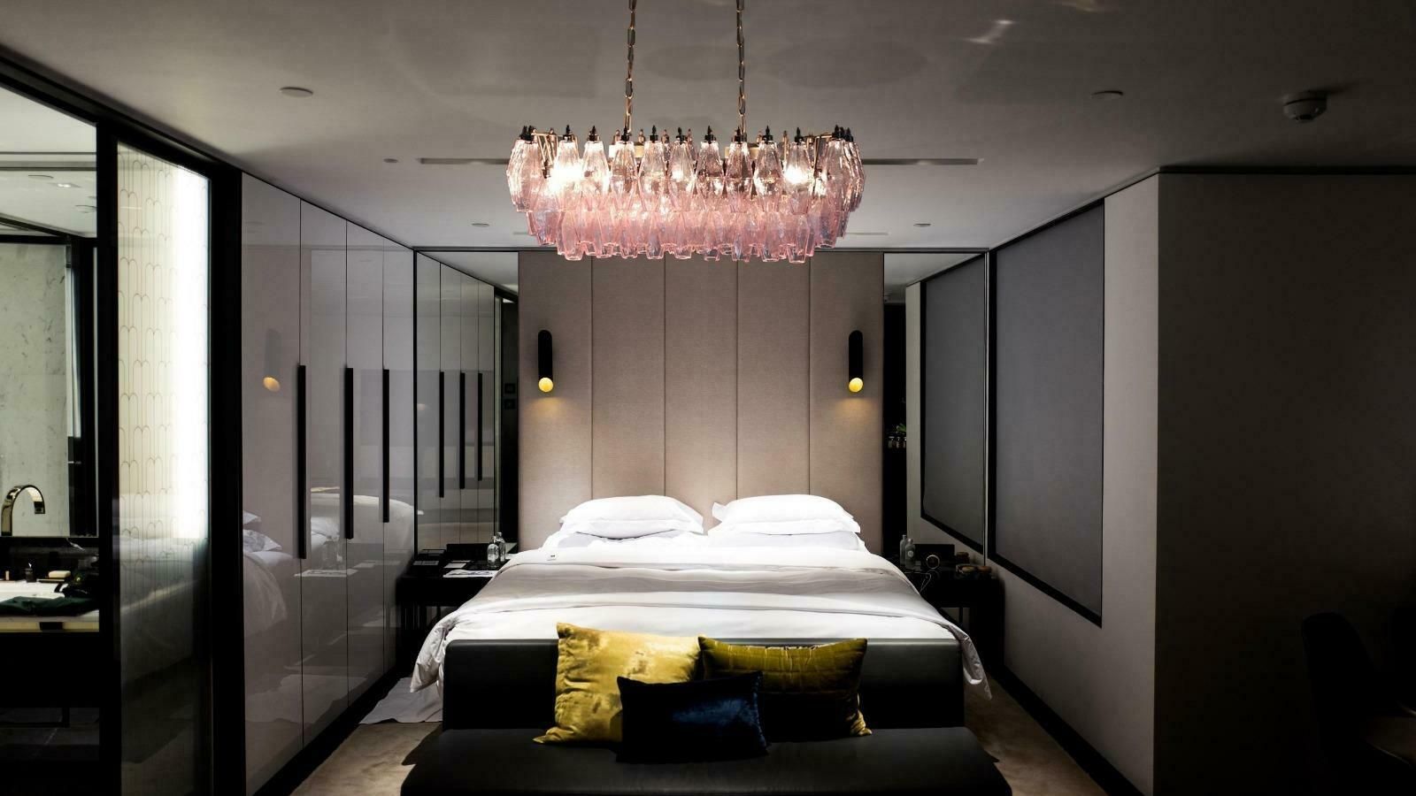 Amazing Pair Of Italian Pink Poliedri Chandeliers, Murano photo buy