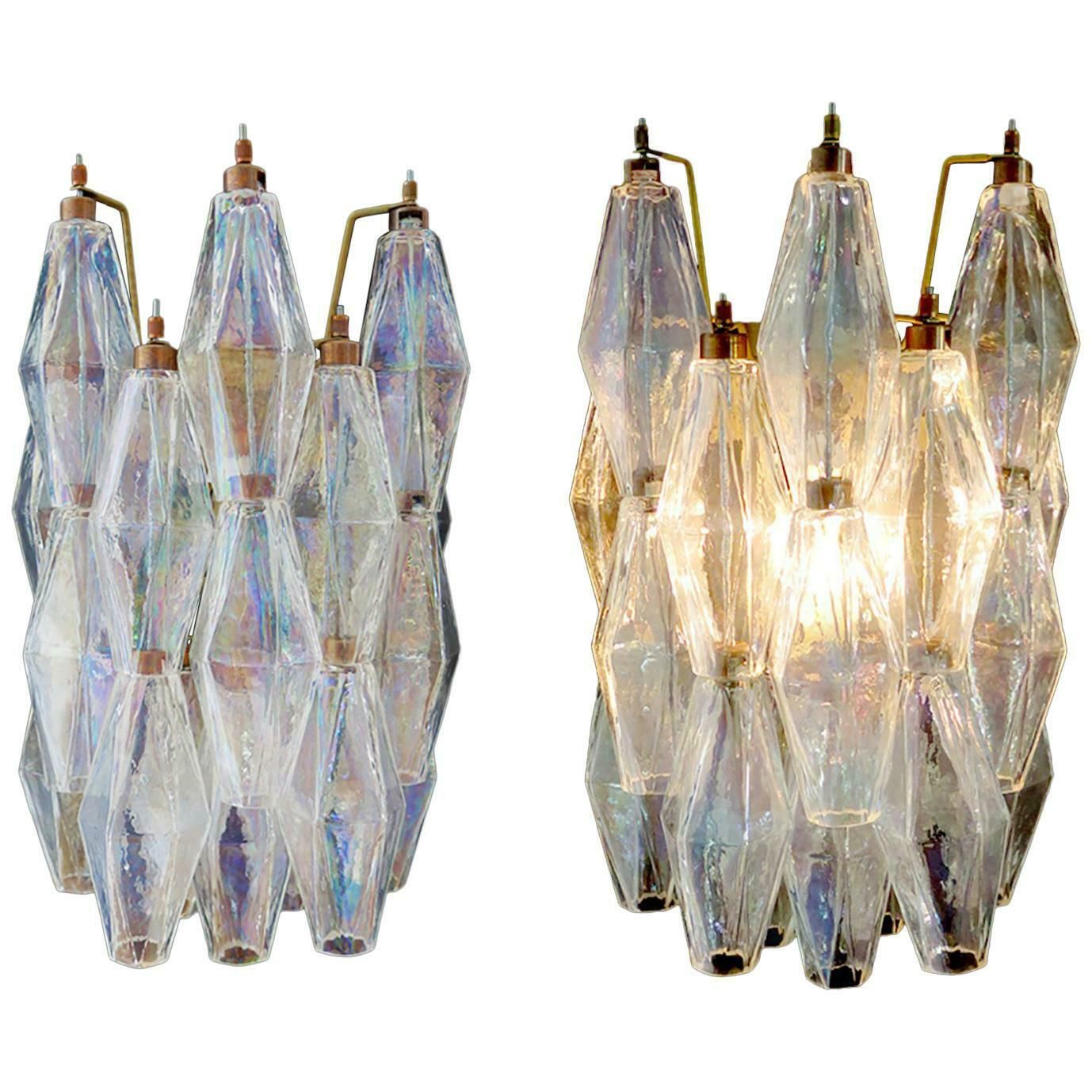 Set Of Six Sconces Iridescent Glass "Poliedri", Murano, 1970s photo vintage