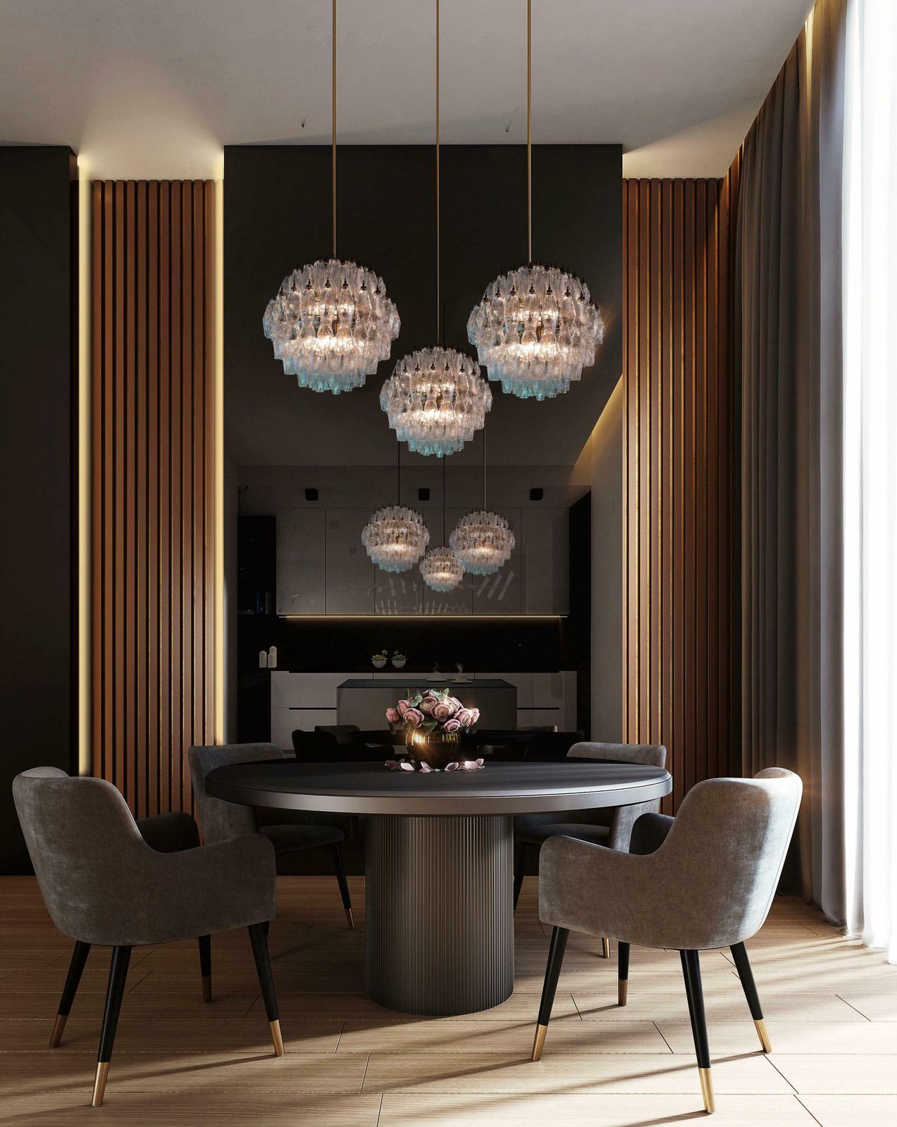 Trio Spherical Murano 140 Poliedri Chandeliers Carlo Scarpa Style, Murano
