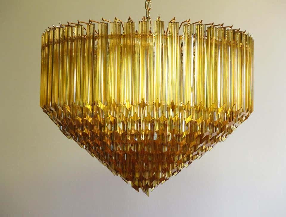 Trio Of Quadriedri Murano Glass Chandelier, 265 Amber Prism, Gold Frame photo vintage