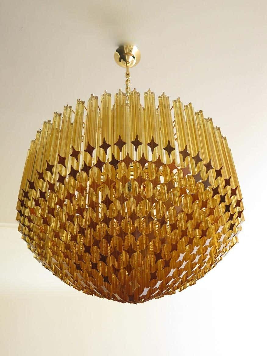 photo vintage Trio Of Quadriedri Murano Glass Chandelier, 265 Amber Prism, Gold Frame
