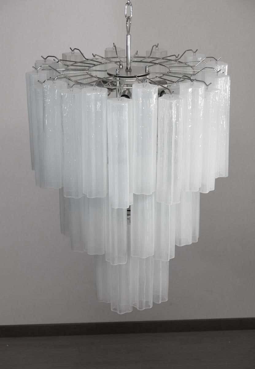 Pair Tronchi Chandeliers Style Toni Zuccheri, 48 White Glasses, Murano, 1990 photo vinterior