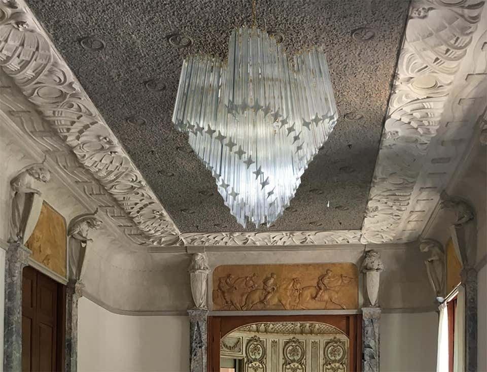 Pair Of Italian Chandelier Quadriedri Gold Metal Frame, Murano photo vinterior