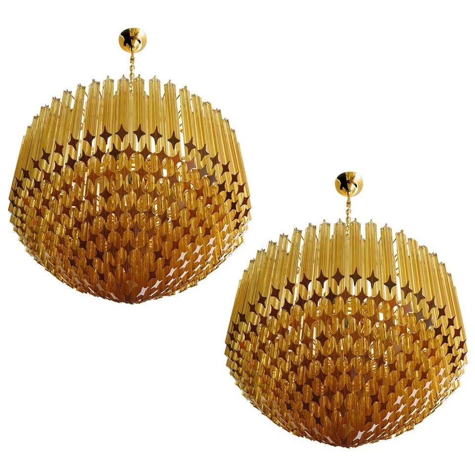 Pair Of Quadriedri Murano Glass Chandelier, 265 Amber Prism, Gold Frame