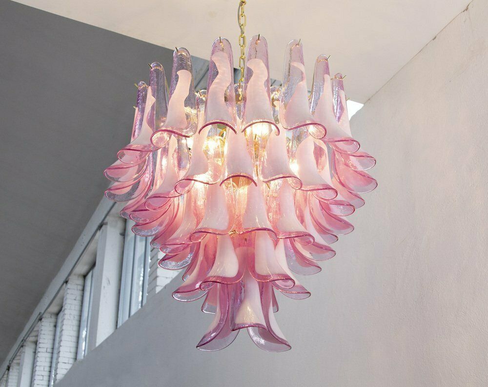 Petal Shaped Chandelier In Fuchsia And White Murano Glass, Italy, 1990s photo vintage
