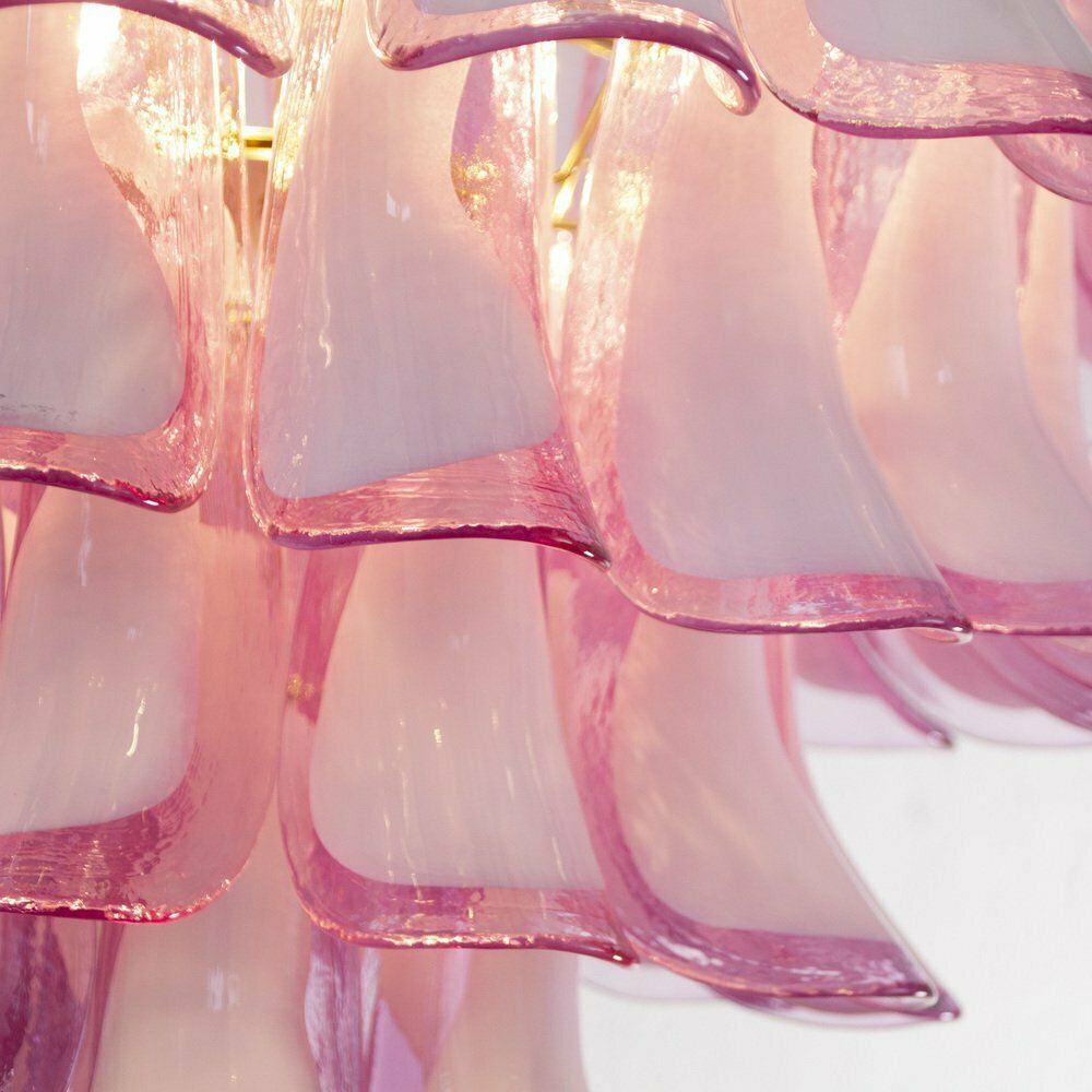 photo for sale Petal Shaped Chandelier In Fuchsia And White Murano Glass, Italy, 1990s