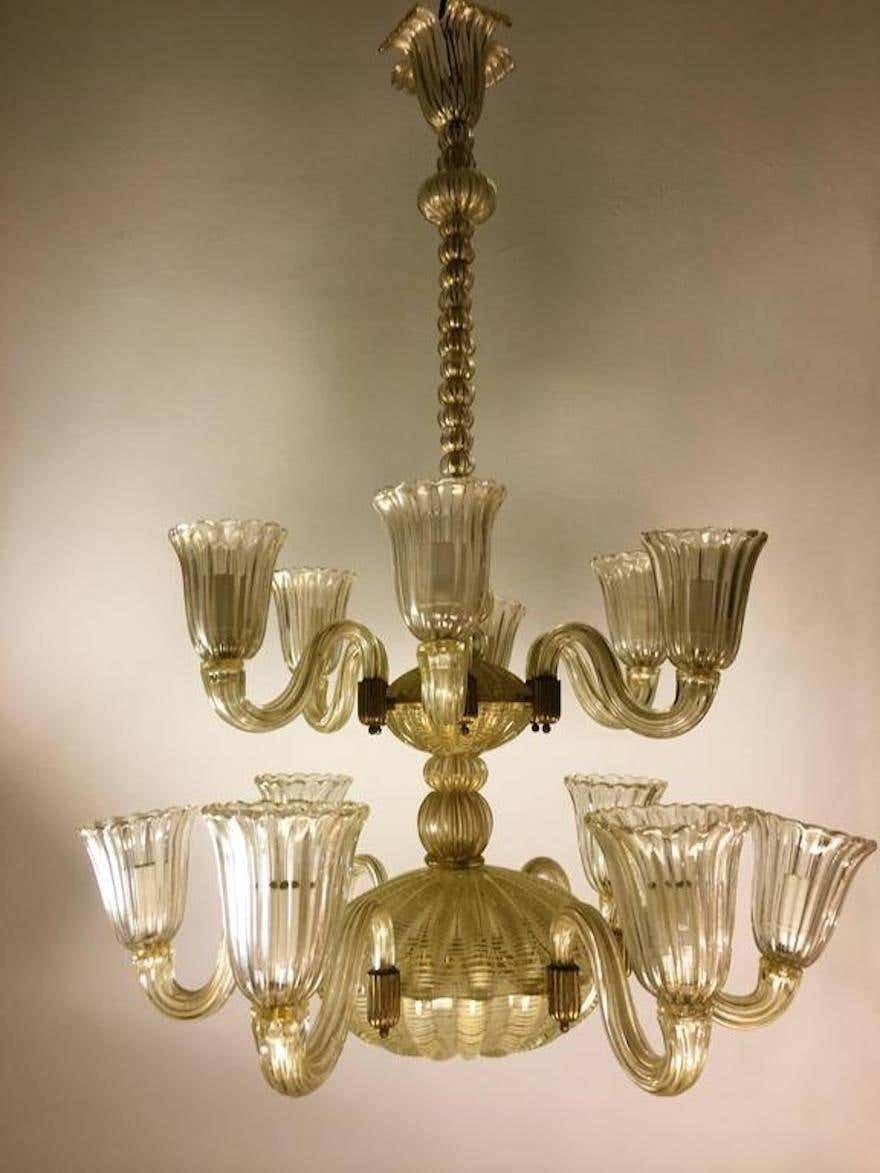 Italian Chandelier Gold Inclusion By Barovier & Toso, Murano, 1940s photo for sale