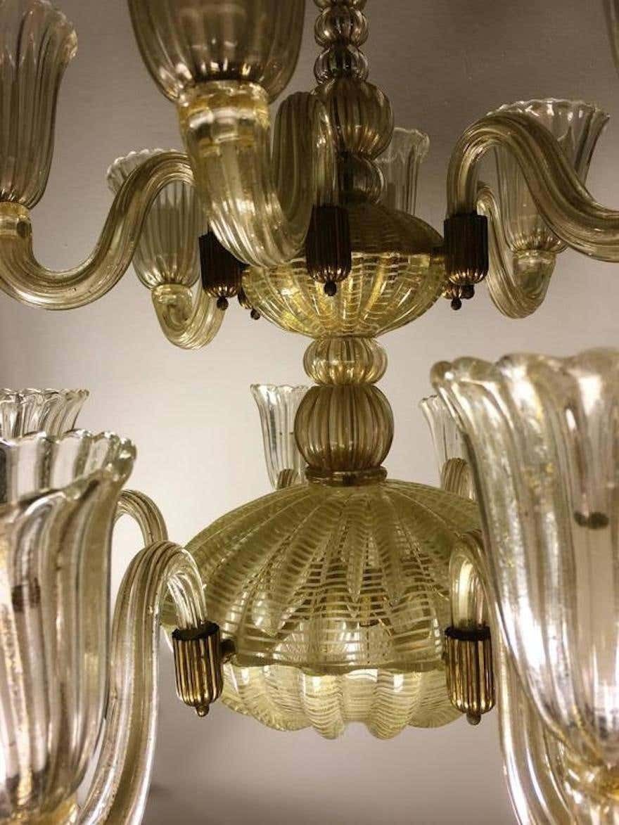 Lighting Italian Chandelier Gold Inclusion By Barovier & Toso, Murano, 1940s photo