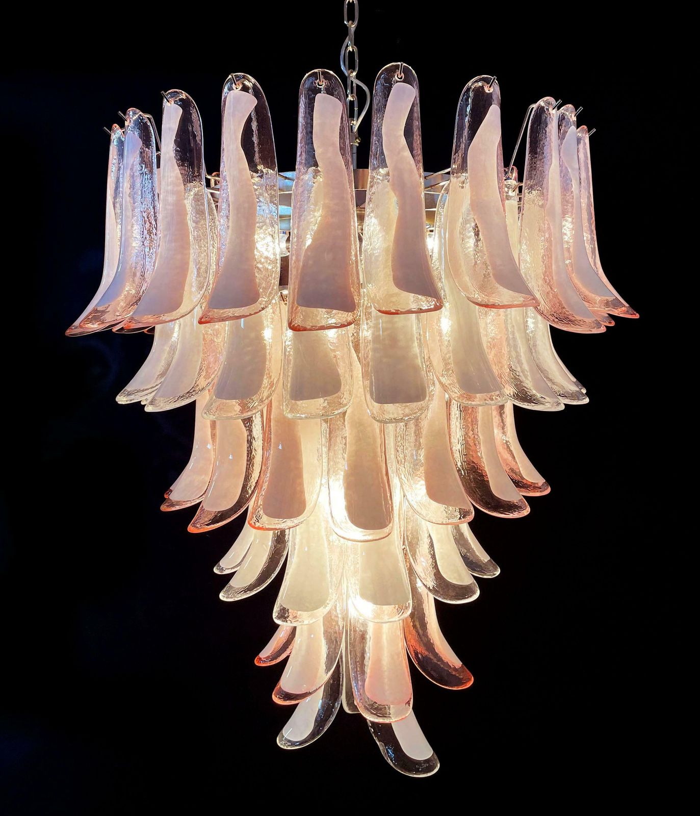 photo furniture Fabulous Pair Of Italian 75 Pink And White Petal Chandeliers, Murano