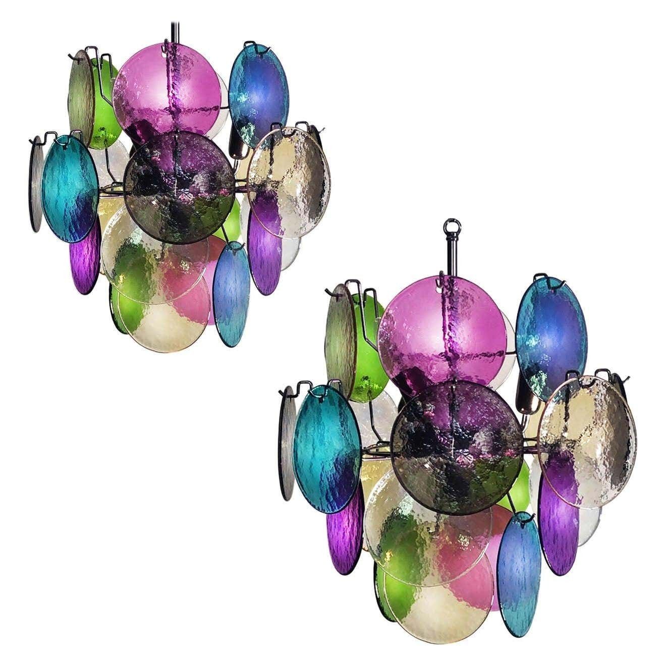 Pair Of Italian Chandeliers In Vistosi Style, Murano, Circa 1980