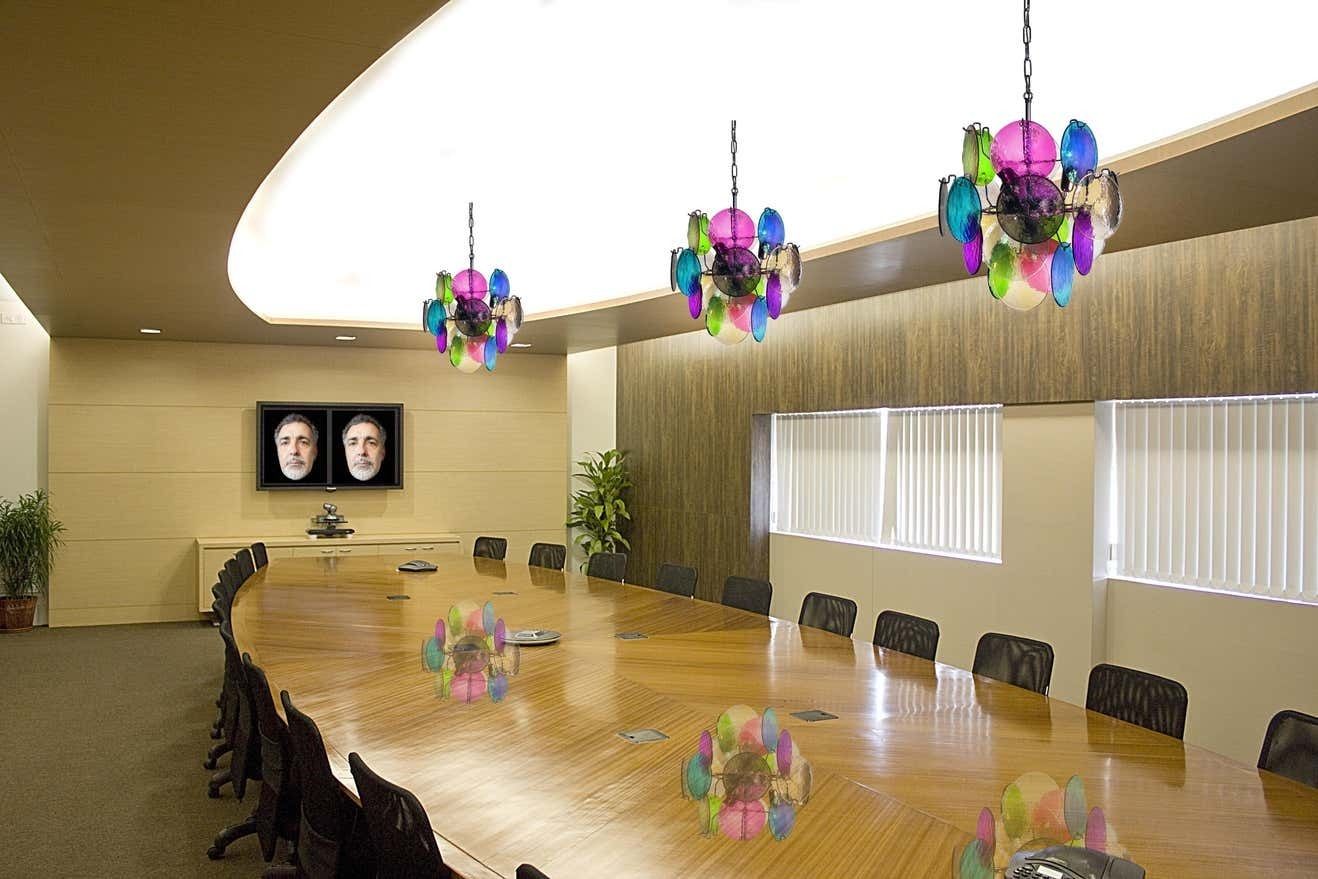 Lighting Pair Of Italian Chandeliers In Vistosi Style, Murano, Circa 1980 photo