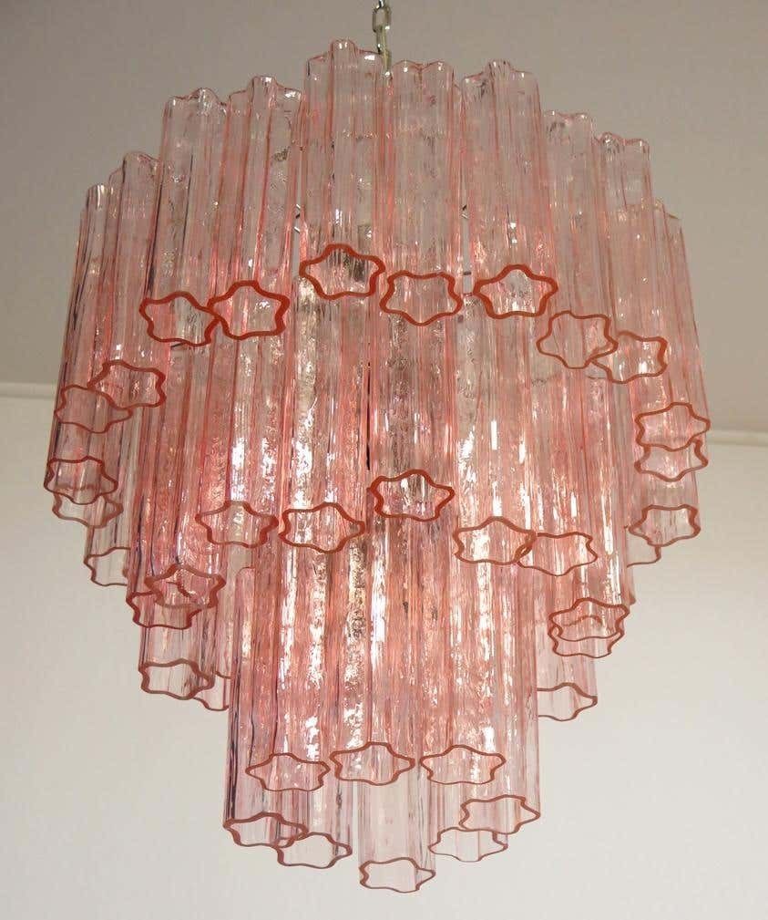 photo buy Pair Tronchi Chandeliers Toni Zuccheri Style, 48 Pink Glasses, Murano, 1990