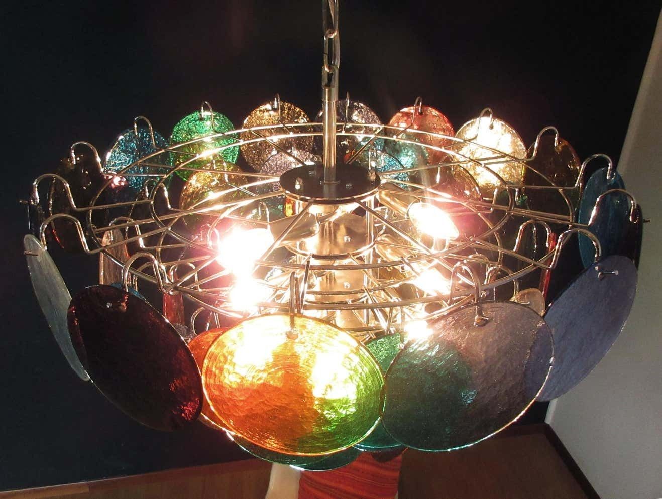 photo vintage Pair Of Italian 50 Multicoloured Glass Discs Chandeliers, Murano