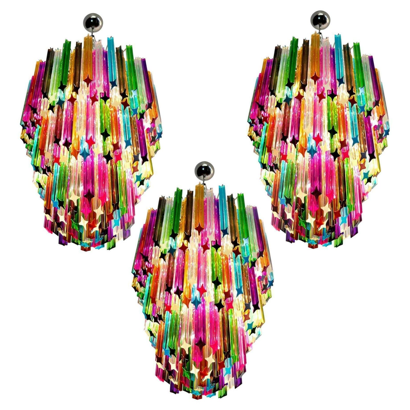 Trio Chandeliers Multi Colour Triedri, 184 Prism, Murano, 1980s