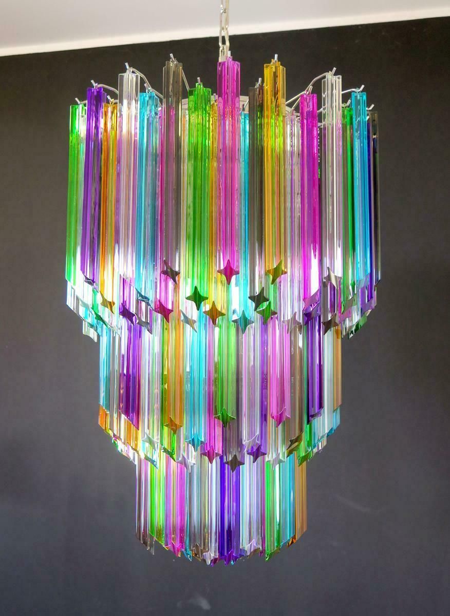 Trio Chandeliers Multi Colour Triedri, 184 Prism, Murano, 1980s photo vintage