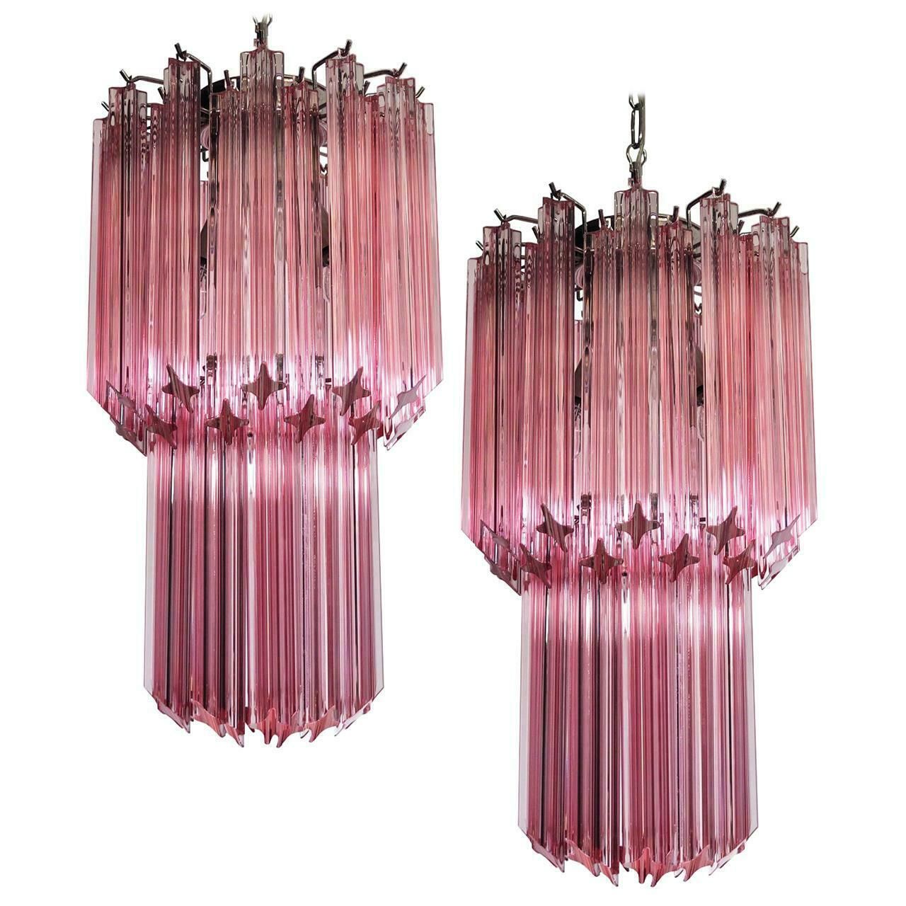 Charming Pair Of 46 Quadriedri Glass Chandeliers, Pink Prism, Murano
