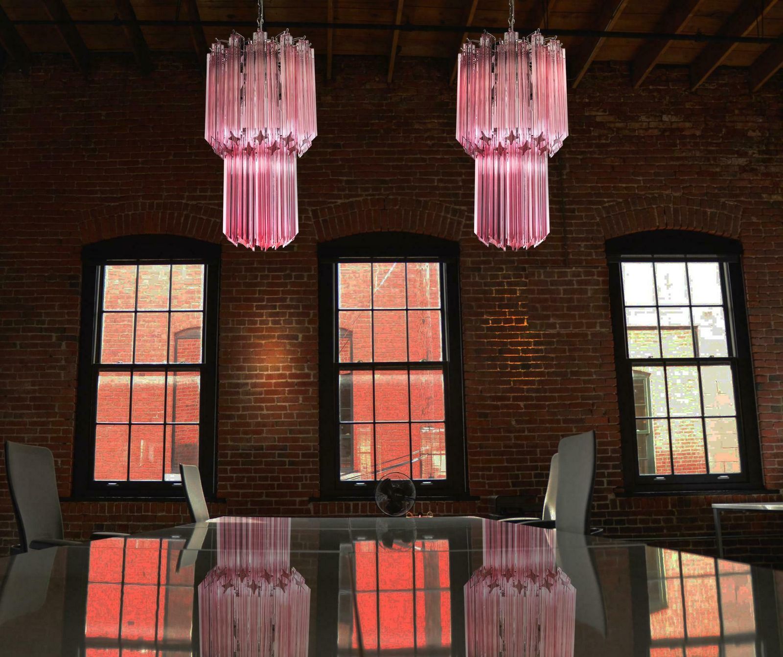 Charming Pair Of 46 Quadriedri Glass Chandeliers, Pink Prism, Murano photo furniture