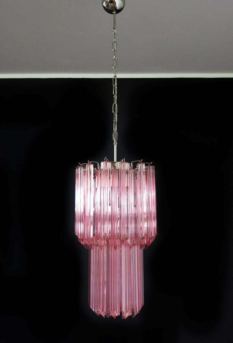 Charming Pair Of 46 Quadriedri Glass Chandeliers, Pink Prism, Murano photo buy