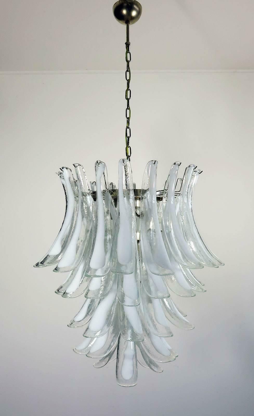 Pair Of Italian Murano 52 White Petals Chandeliers, Murano photo for sale