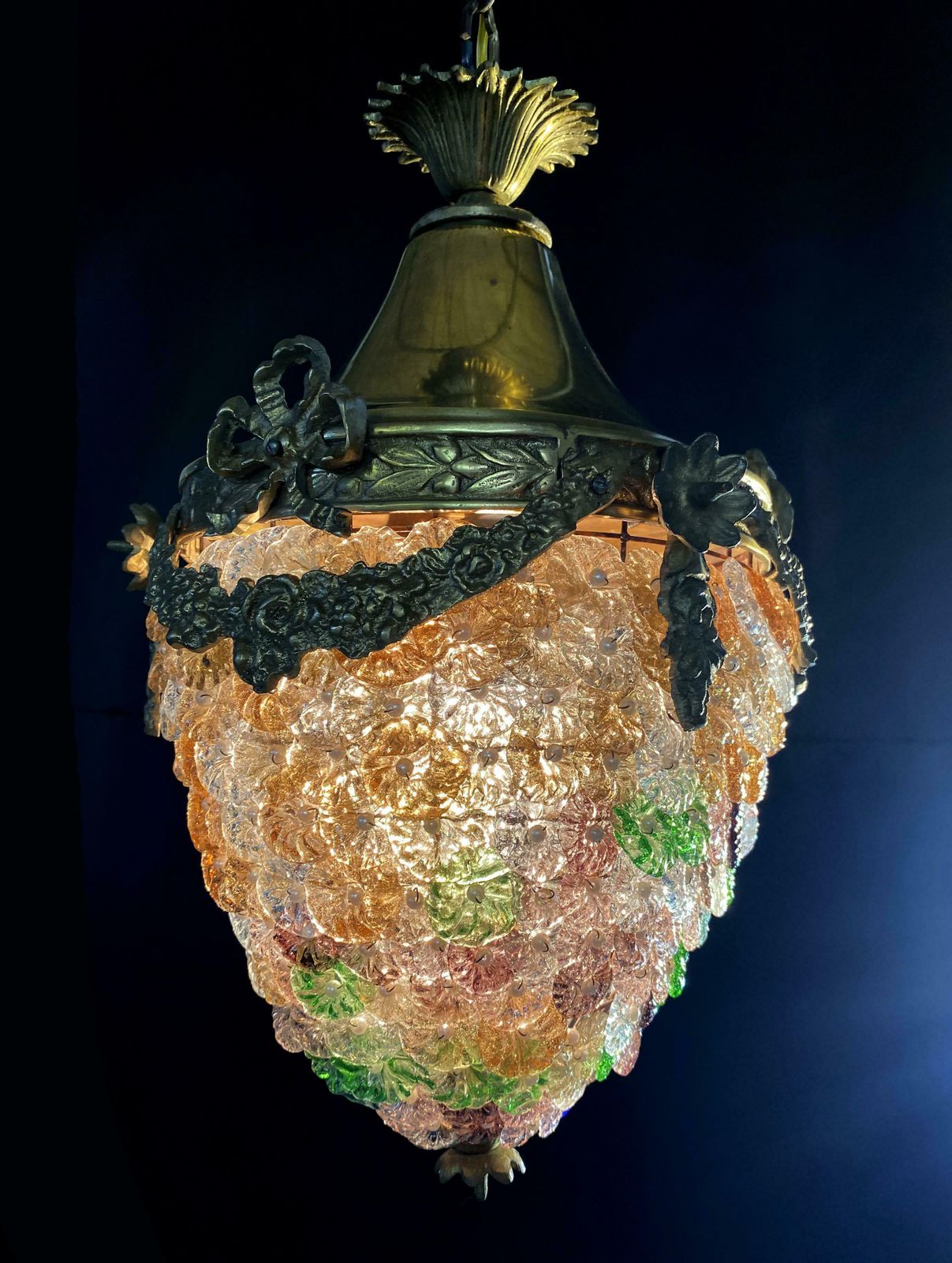 photo vintage Elegant Pendant Glass Flowers Chandelier, Murano, 1950s