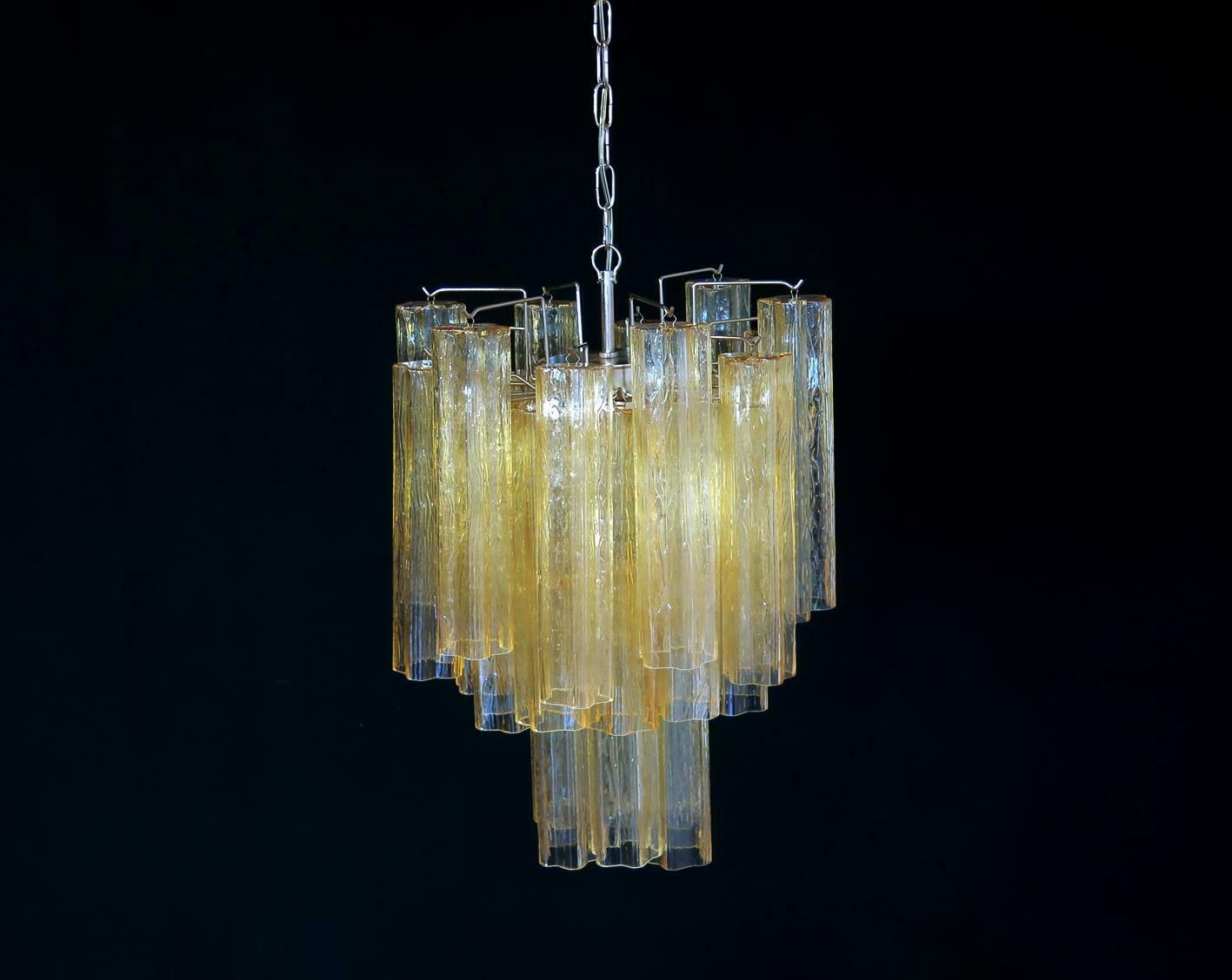 photo for sale Trio Gold Glass Tube Chandeliers, Murano, 1970s