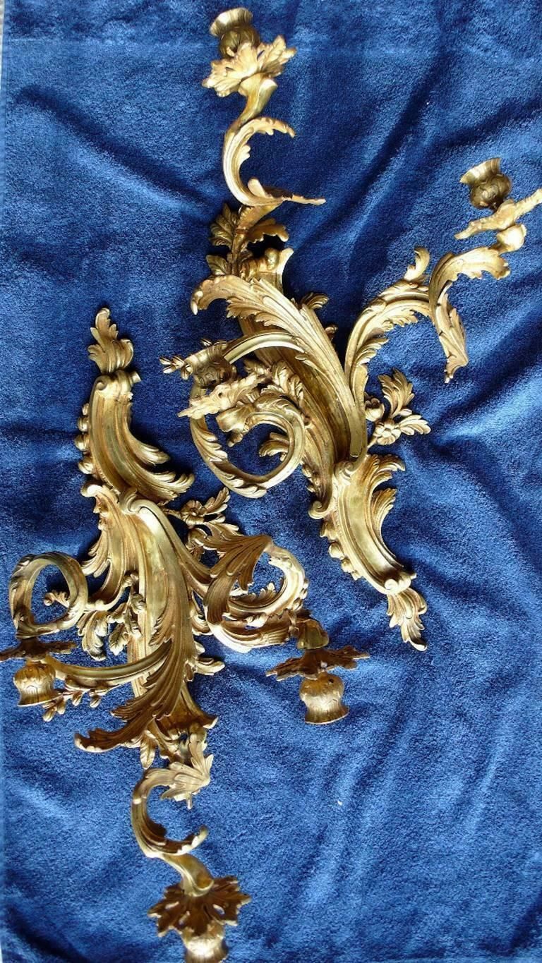 Very Rare Trio Of Gilded Bronze Louis XV Italian Sconces, 1880s photo vinterior
