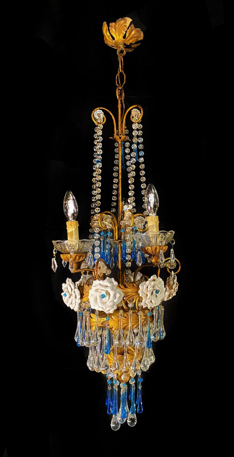 Lovely Chandelier With White Roses And Blue Drops, Murano, 1950s
